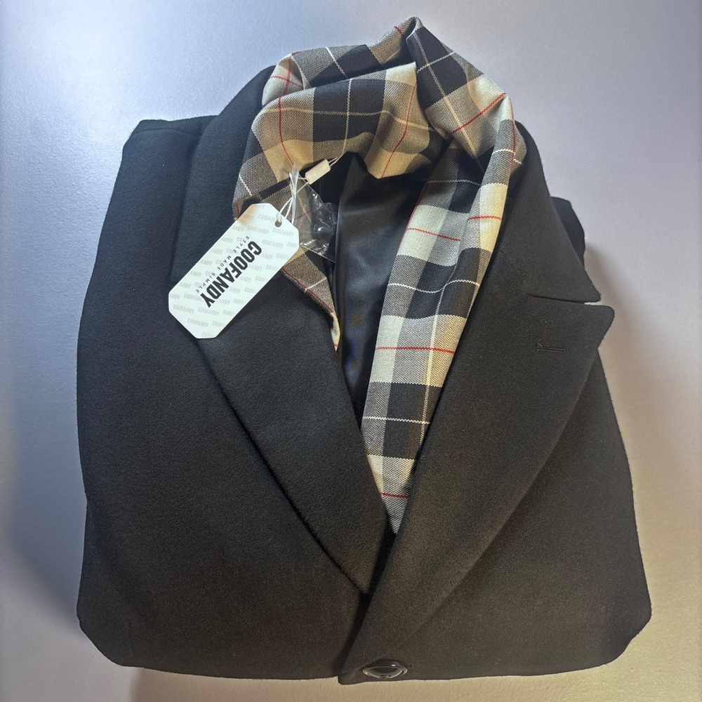 Men's XL Black Overcoat Blazer Jacket Detachable Plaid Scarf Coofandy NWT - Picture 11 of 11